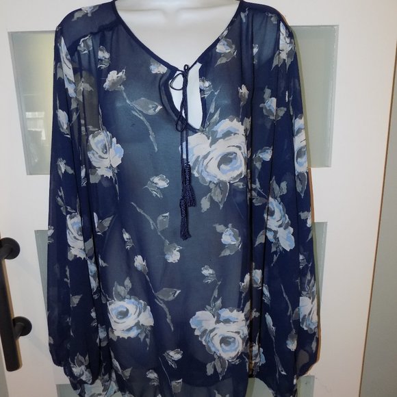 Lane Bryant Navy Sheer Floral Tunic Blouse Feminine Cottage Romantic Size 26/28 - Picture 1 of 3